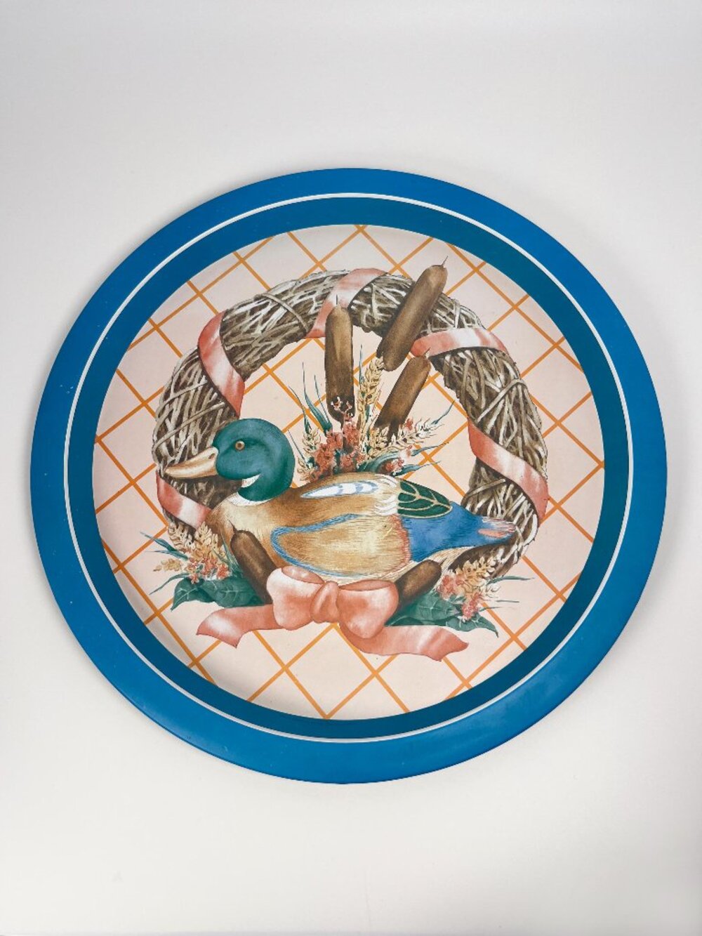 Vintage mallard duck large round metal tray